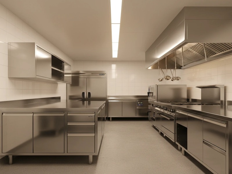 کابینت استیل 304 مدرن در آشپزخانه با طراحی مینیمال و صفحه رویه سنگی