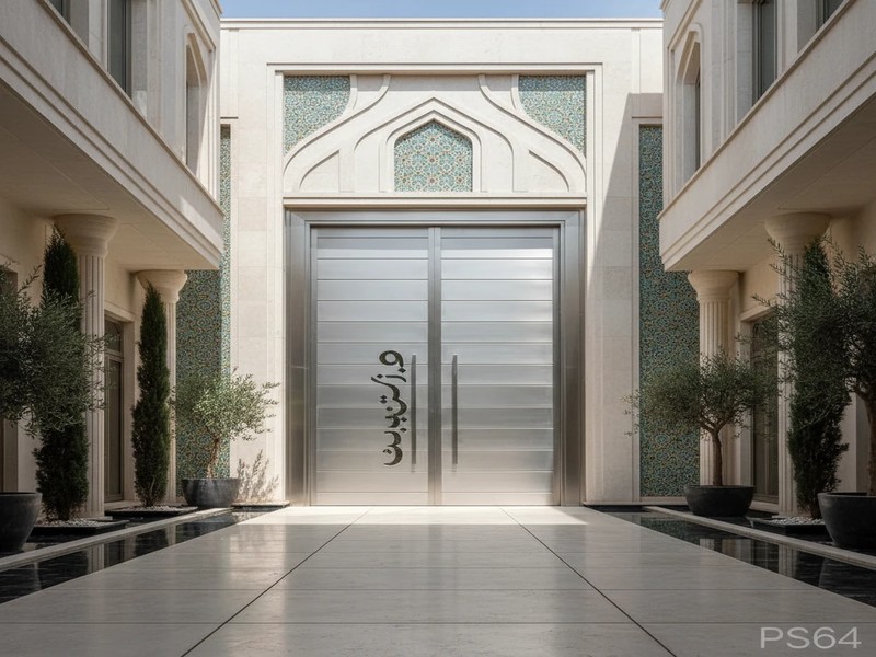 درب استیل مدرن و لوکس نصب شده بر ورودی ویلا