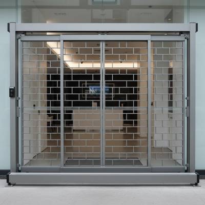 حفاظ بانکی ریلی استیل ضدسرقت برای ورودی بانک، درب کشویی ایمن با ساختار شبکه‌ای و مکانیزم ریلی صنعتی