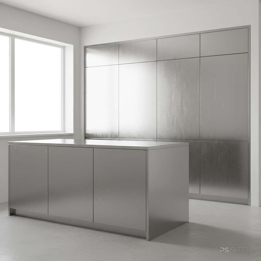 “کابینت استیل 304 آشپزخانه مدل PS Steel-KC01 با بدنه تمام استیل برس خورده و طراحی مینیمال”