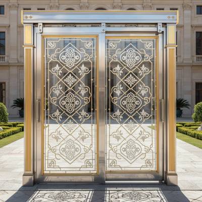درب استیل دو لنگه لوکس با شیشه تزئینی طرح کلاسیک و جزئیات طلایی مناسب ورودی ساختمان