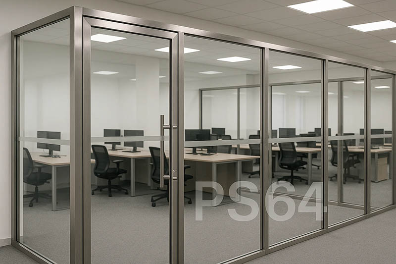 “پارتیشن استیل شیشه‌ای اداری با درب استیل فریم‌دار نصب‌شده در فضای شرکت – مدل PS64-SP01”