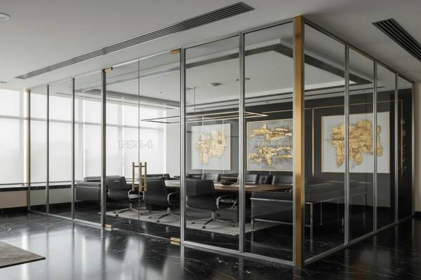 پارتیشن استیل شیشه‌ای اداری در راهرو شرکت با فریم طلایی و مشکی، اجرای مدرن و صنعتی PS64