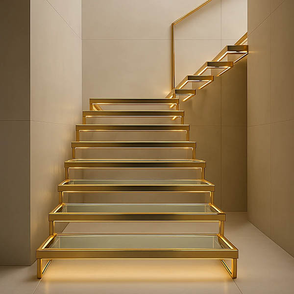 پله استیل طلایی با شیشه و فریم ۴۰×۴۰ مناسب راه‌پله مدرن